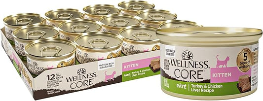 Wellness CORE Pate Kitten Wet Cat Food, Natural, Protein-Rich, Grain Free, 3 Ounce, 12 Pack (Turkey & Chicken Liver)