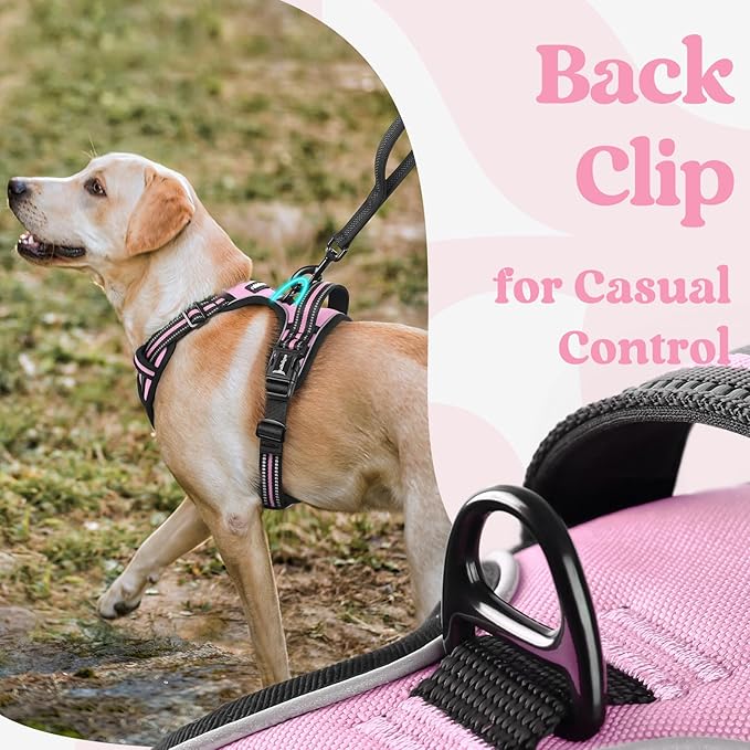 rabbitgoo Dog Harness for Large, No Pull Pet Harness with 3 Buckles, Adjustable Soft Padded Vest with Control Handle, Walking Reflective Pet Vest for Large Dogs, Pink, L
