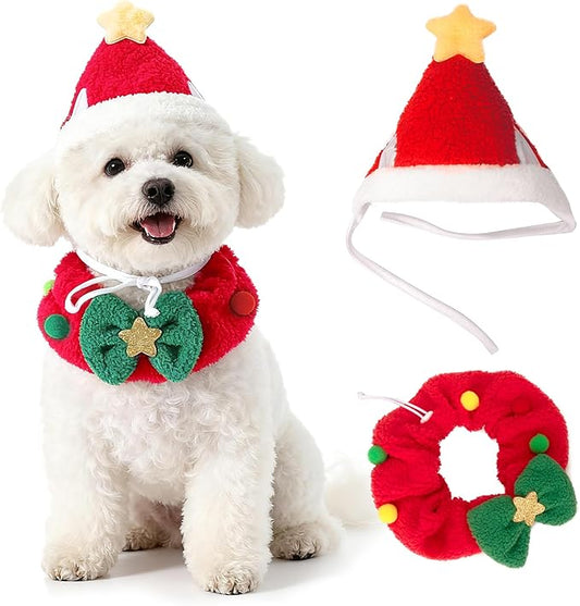 Dog Christmas Outfit,Adjustable Plush Red Santa Hat and Collar with Bow for Small Dogs Cats,Cute Festival Gifts for Pets.