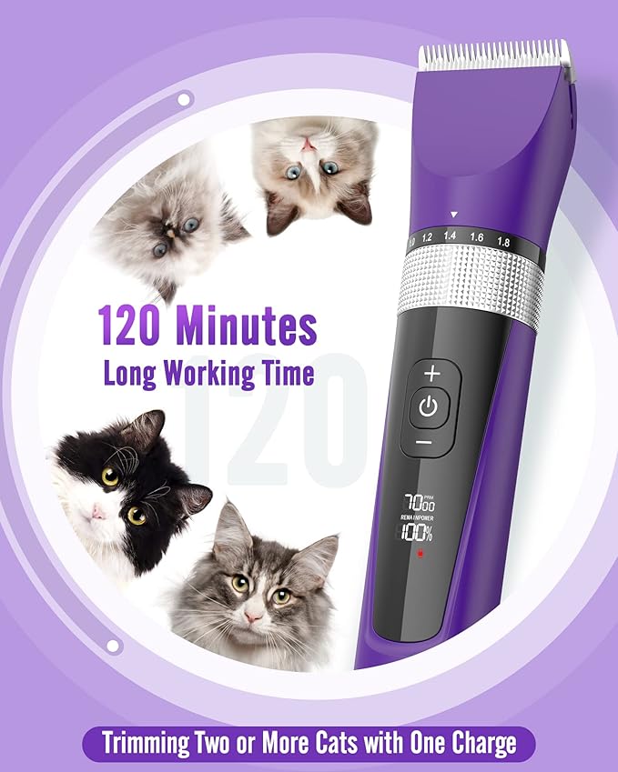 oneisall Cat Grooming Clippers for Matted Long Hair, 5-Speed Cat Grooming Kit Cordless Low Noise Pet Hair Clipper Trimmer Shaver for Dogs Cats Animals (Purple)