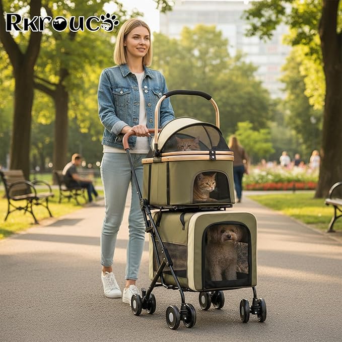 Foldable Double Pets Stroller for Dog Portable Cat Strollers for Small Medium Pet with Detachable Carriers Flexible Lockable Wheels Lightweight Dogs Jogger Strolling Cart Up to 77Lbs (Green)