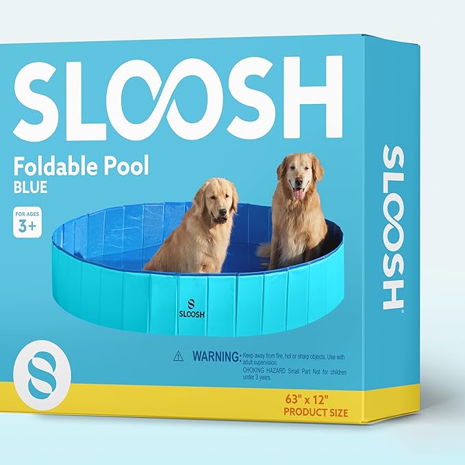 SLOOSH Foldable Dog Kiddie Pool - Portable Hard Plastic Doggie Swimming Pool, Anti-Slip Collapsible Pets Bath Tub Suitable for Kids Toddler Indoor Outdoor Backyard Use (Blue, 63" x 12")