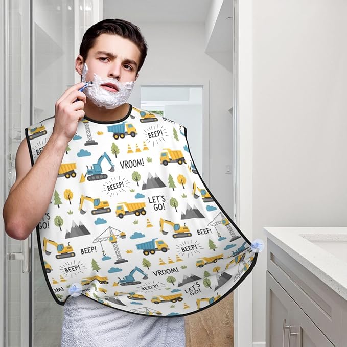 Non-Stick Beard Bib for Shaving, Cute Cars Truck Tractor Excavator Shave Bib, Waterproof Hair Catcher with Suction Cups, Grooming Apron Men Husband