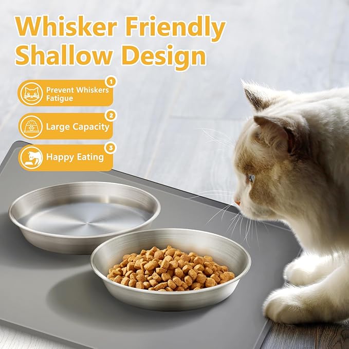 2-Pack Stainless Steel Cat Food Bowls – Deep Whisker-Friendly Non-Slip Silicone Base,Easy to Clean Indoor Feeding Dishes(5.9")