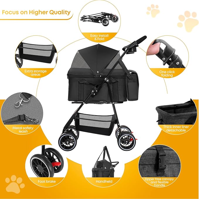 2-in-1 Foldable Pet Stroller with Canopy, 4 Wheels Pet Strolling Cart for Small/Medium Dogs and Cats with Removable Carrier,Breathable Mesh,Mom Tote Bag,Cup Holders,Easy Assembly,Black