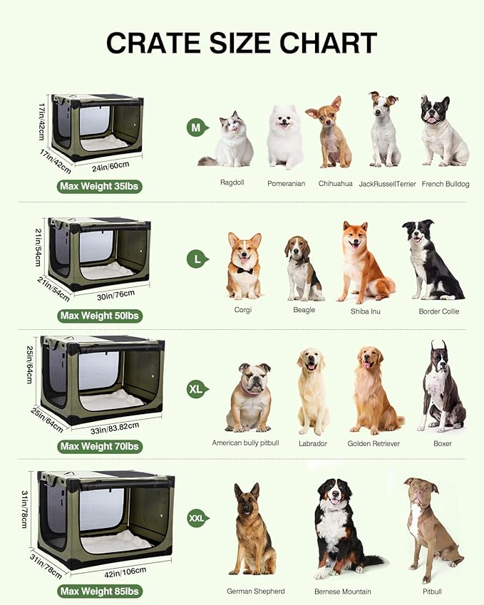 33 Inch Collapsible Travel Dog Crate for Medium Large Dogs, Portable Dog Crate 4-Door Foldable Soft Kennel with Durable Mesh Windows for Indoor & Outdoor Travel, with Storage Bag,Green