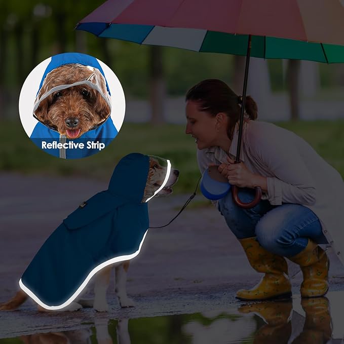 Lukovee Dog Raincoat, Adjustable Dog Rain Jacket with Clear Hooded Double Layer for Large Medium Small Dogs Puppies, Waterproof Rain Coat Poncho with Reflective Storage Pocket & Rim (Blue, XS)