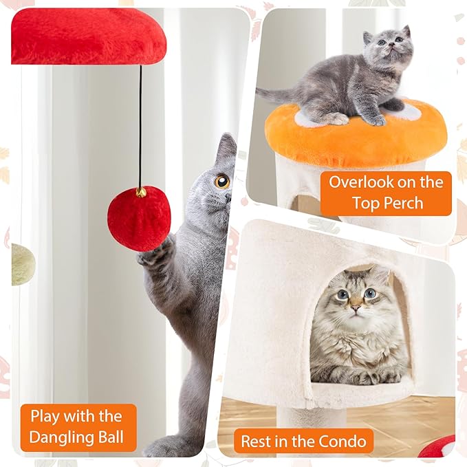 PETSITE Mushroom Cat Tree, Multi-Level Cute Cat Tree Tower with Sisal Scratching Posts, Cat Condo, Soft Plush Perches, and Dangling Toys for Indoor Cats (48 Inch)