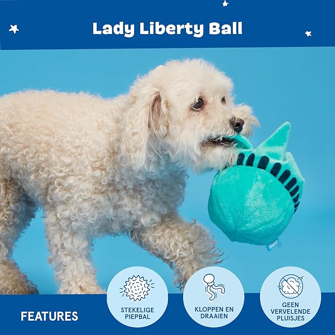 Barkbox Lady Liberty Ball Plush Dog Toy – 2-in-1 Squeaky and Crinkle Dog Toy with Plush Exterior and Textured Ball Core – Large Dog