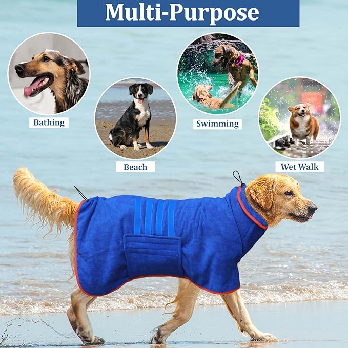Dog Drying Coat - Fast Drying Dog Bathrobe Towel,Super Absorbent Pet Bath Robe,Microfibre Quick Dry Warm Keeping Robes with Adjustable Collar and Waist (Blue, Small)