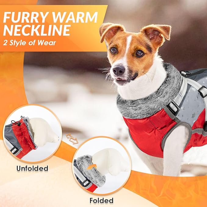 SlowTon Dog Jacket with Harness Built in - Waterproof Fleece Winter Warm Dog Coats for Small Medium Dogs, Reflective Adjustable Furry Puppy Vest Clothes for Outdoor Walking (Red & Black,XS)
