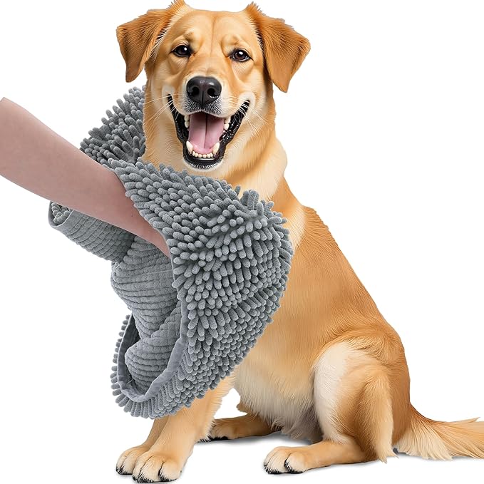 OLANLY Chenille Dog Bath Towel 38x15, Ultra Absorbent Quick Dry Pet Towel, Extra Soft Washable Plush Towel for Large Dogs & Puppies, Indoor Outdoor Use, Grey