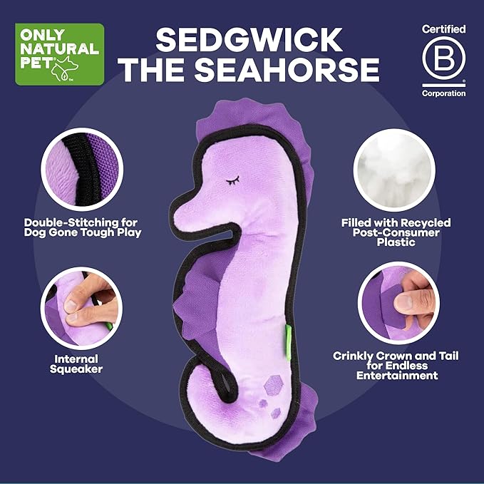 Only Natural Pet Sea Creatures Recycled Plush Dog Toys - Durable Double-Stitched Design with Internal Squeaker, Crinkle Coronet & Squishable Belly - Squeaky Pet Toy | Sedgwick The Seahorse, 4" x 11"