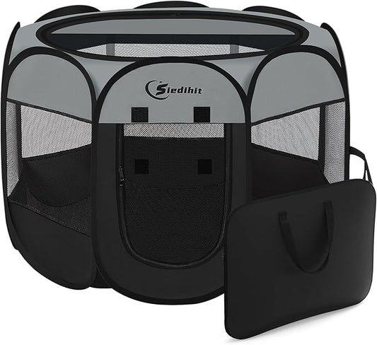 Dog Cat Playpen, Puppy Pet Playpen Indoor for Dog Crate Tent Cage Outdoor, Portable Pop Up Dogs Enclosure Kennel with Carrying Case for Dogs/Cats/Rabbits (Dark Grey, Medium)