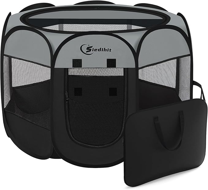 Dark Grey Puppy Playpen for Large Dog Cat, Dogs Tent Crates Cage Indoor/Outdoor, Portable Pop Up Dog Kennel with Carrying Bag for Rabbits, (Dark Grey, Large)