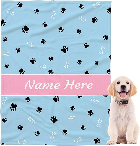 Custom Pet Name Blanket Personalized Dogs Customized Puppy ,Dog Gift for Dog Lovers Mom Dad Cute Paw Prints Soft Flannel Throw Bed Sofa Travel Small 50''x40'' Kids Blue Dog Paw Print