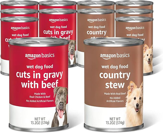 Amazon Basics Wet Dog Food Variety Pack, Country Stew Flavor and Cuts in Gravy with Beef, Made with Natural Ingredients, 13.2oz Cans (Pack of 12)