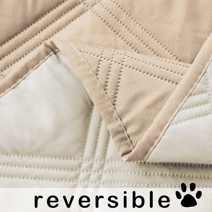 fuguitex Waterproof Dog Blanket, Pet Friendly Reversible Throw Essential for Small Dogs, Tear Resistant Leakproof Washable Couch Cushion Bed Protector Cover for Indoor Furniture（68"*82",Beige+Cream