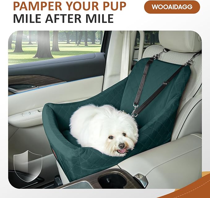Dog Car Seat for Medium Dogs, Pet Travel Bed with Seat Belt Channel, Fully Detachable and Washable, 3 Straps Easy to Install (Green)