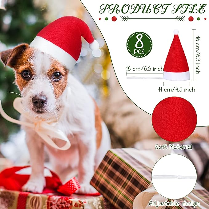 Svee 8 Pieces Christmas Santa Hats for Dog Cat with Adjustable Chin Strap Holiday Party Cute Costumes for Puppy Kitten Small Dogs and Cats Winter Party Dress up Props Supplies Gifts(Simple Pattern)