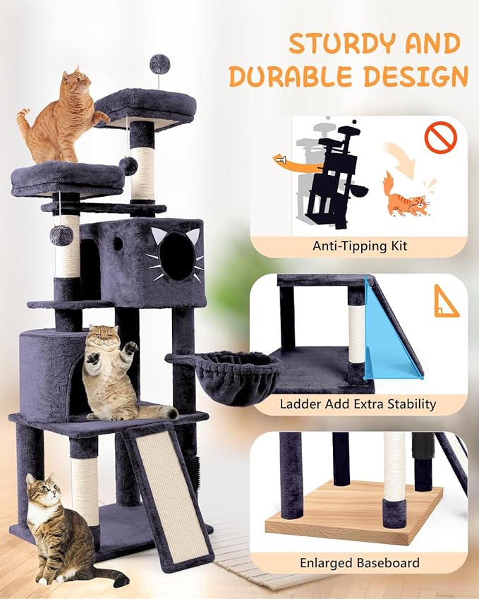 66in Multi-Level Large Cat Tree Tower for Indoor Cat/Kitties, Mordern Cat Tower with Sisal Scratching Posts, Condos and Hammock, Perches, Ramp for Climbing Heavy Duty