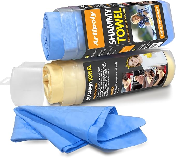 Premium Shammy Towel for Car Drying 2pk (26”x17”)-Super Absorbent Chamois Towel-Reusable shamies Towels for Cars, Bathroom,Pets, Dust Remove, No Spots/Streak/Scratch, Large, Yellow&Blue