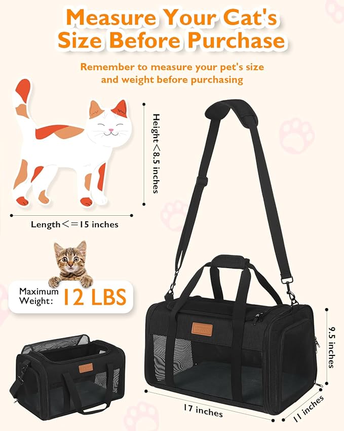 PETUX TSA Approved Pet Carrier in Cabin - 17"x11"x9.5", Underseat, Soft Sided Cat Carriers with Safety Zippers and Anti-Scratch Mesh for Small Cat up to 12 lb, Ideal for Travel and Vet Visit, Black