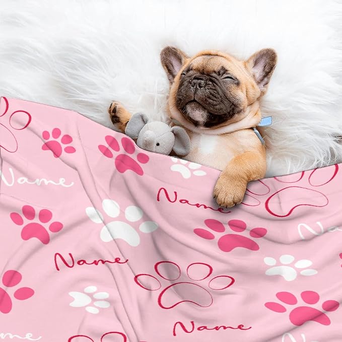 Custom Pet Name Personalized Dog Blanket, Puppy Gift for Dog Lovers, Cute Dog Paw Prints Soft Flannel Throw Blanket, Extra Small 40"x30"