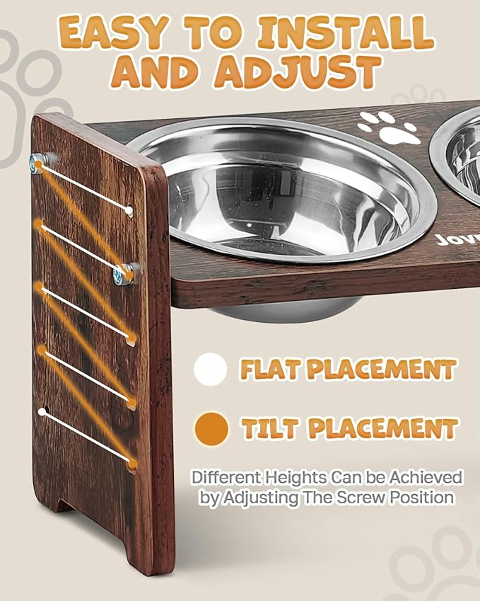 Elevated Dog Bowls, Adjustable Raised Dog Bowl Stand for Small Size Dogs and Cats, Durable Bamboo Dogs Feeder with 2 Stainless Steel Bowls and Non-Slip Feet, Pet Food Bowl for Small Sizes