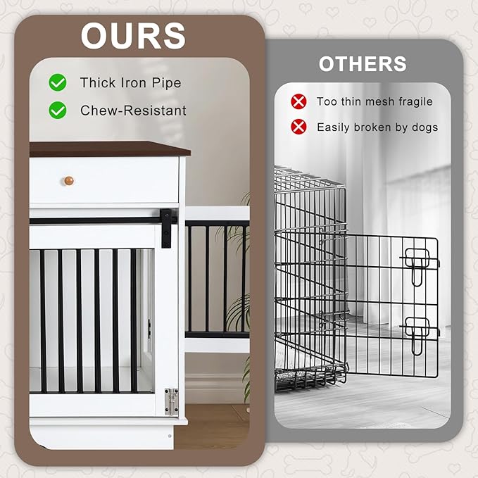 Dog Crate Furniture for 2 Dogs, Dog Kennel with 2 Storage Drawers & Divider, Large Double Dog Cage As TV Stand, Furniture Style Dog Crates with Sliding Barn Door (Brown & White)
