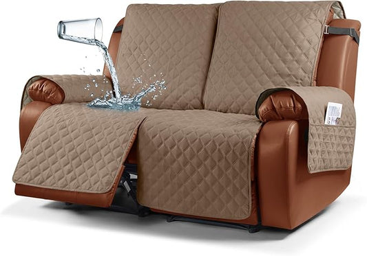 Ruaozz Waterproof Recliner Sofa Cover 1-Piece Couch Covers for Reclining Couches Reclining Sofa Cover Washable Furniture Protector with Elastic Straps Pocket for Kids, Pets (Light Brown, 2 Seater)