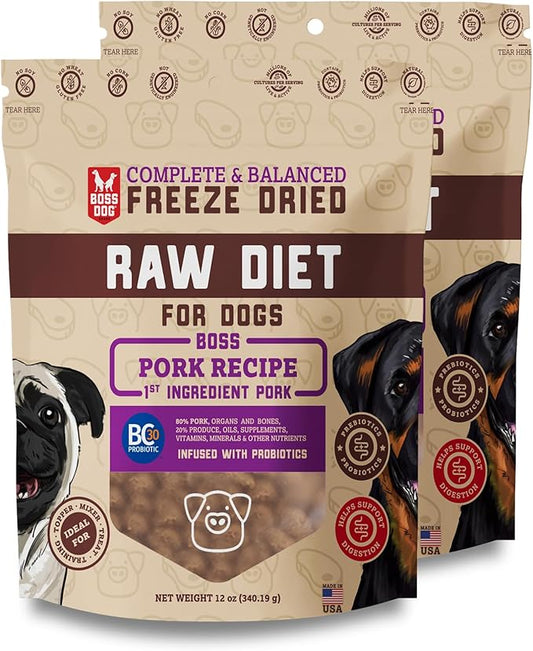 Boss Dog Complete & Balanced Freeze Dried Raw Diet for Dogs, Pork Recipe, 12 oz Bag (Bag of 2)