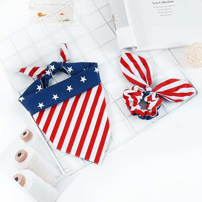 E-Clover 4th of July Dog Bandanas & Matching Scrunchie Set American Flag Dog Scarf Washable Patriotic Pet Bandana Triangle Kerchief Bibs for Small Dogs Puppy Owner Gifts