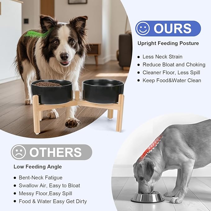 SPUNKYJUNKY Elevated Dog Bowls Ceramic, 7.3'' Dogs Food Water Bowls Raised with Non-Slip Bamboo Stand for Medium to Large Sized Breed Microwave Dishwasher Safe - 42 OZ,Black