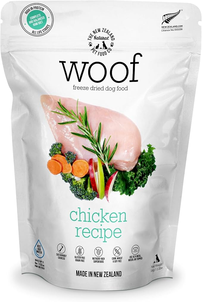 The New Zealand Natural Pet Food Co WOOF Freeze Dried Dog Food - Chicken Recipe, High Protein Dog Treats & Snacks, Dog Food Toppers & Meals, 2.2 lb