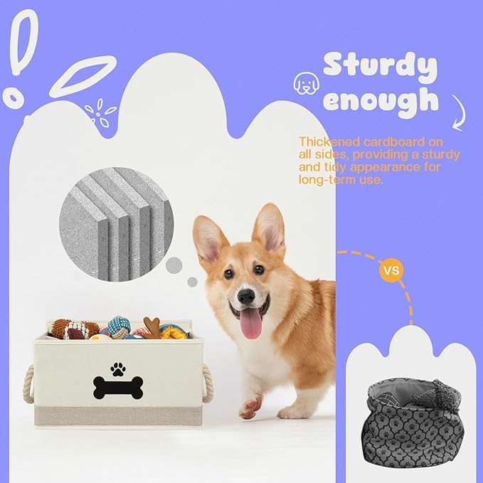 Collapsible Dog Toy Basket with Lid - Storage Bins for Toys, Organizer with Cotton Rope Handles - Beige & Gray