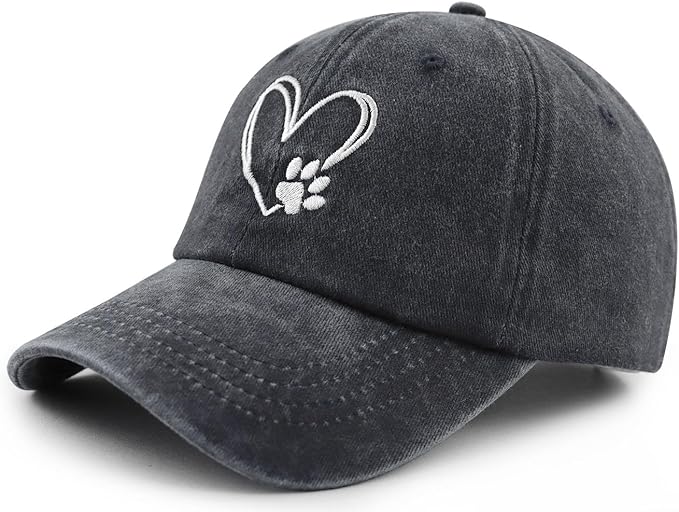 Dog Paw Print with Love Heart Hat for Women Men, Funny Adjustable Cotton Embroidered Dog Lovers Gifts Baseball Cap