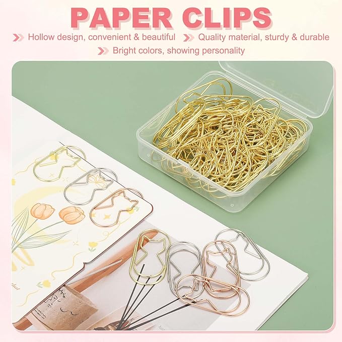 PATIKIL 50 Pcs Cat Shape Paper Clip, Metal Cute Small Paper Clamp Clips for Office Supplies Craft Scrapbook Document Note Sorting, Electroplating, Rose Gold