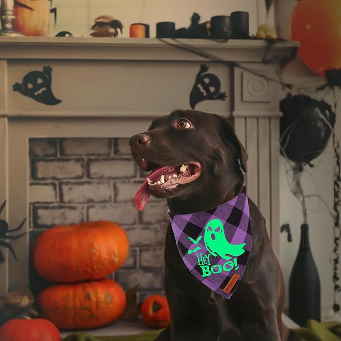 ADOGGYGO Halloween Dog Bandana Reflective Trick or Treat Boo Scarf Orange Purple Plaid Halloween Bandanas for Extra Large Dogs Pets (X-Large)