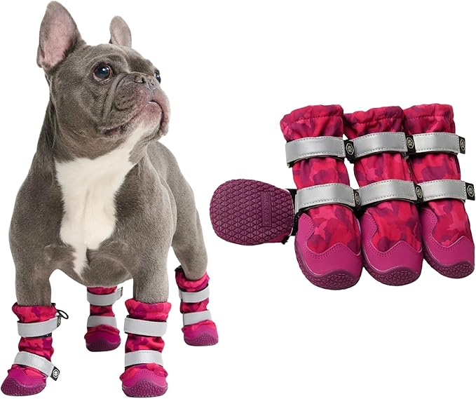 Spark Paws Dog Shoes, Waterproof Dog Boots for Medium to Large Dogs, Non Slip, Breathable Dog Booties and Paw Protectors - 4PCS Doggie Hiking Boots with Reflective Straps, Pink Camo, Size 1