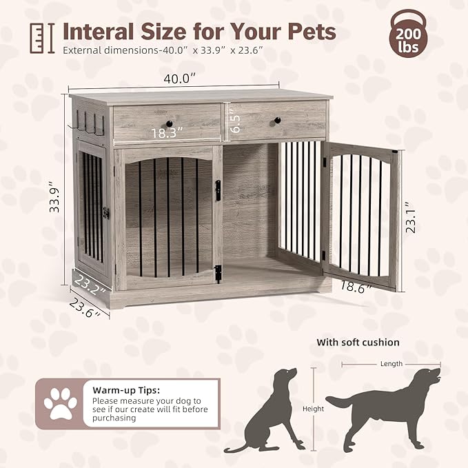 40'' Wooden Dog Crate Furniture–Farmhouse Dog Kenel-Multi Purpose Pet House with Double Doors, 2 Drawers, for Small, Medium & Large Dogs–Rustic Grey Finish