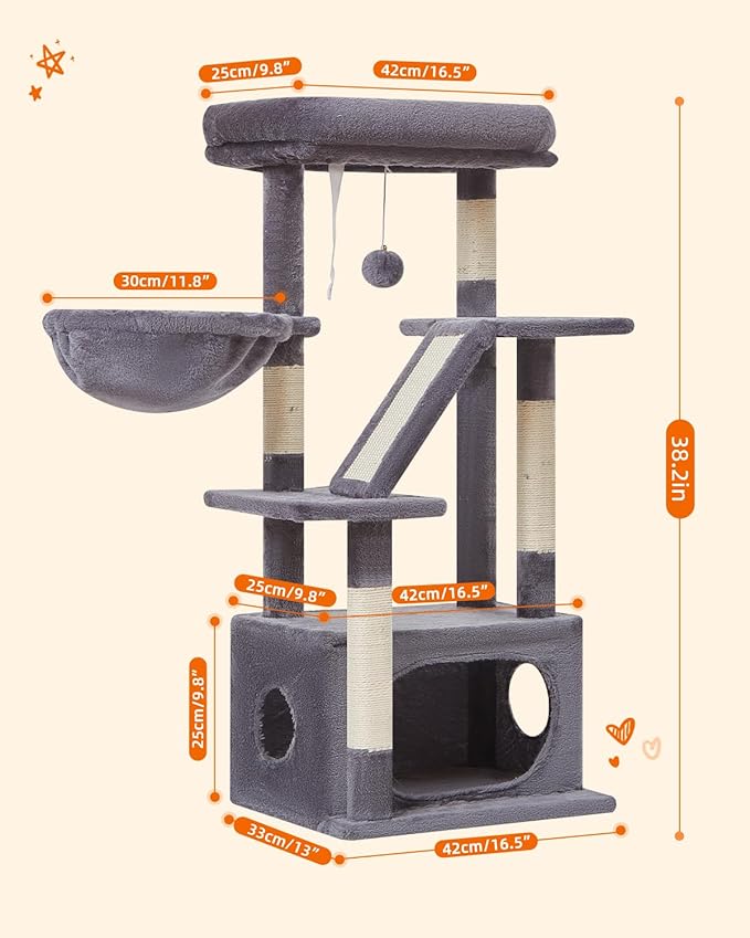 Taoqimiao Cat Tree,38.5-Inch Cat Tower for Indoor Cats,Suitable for Kittens with Luxurious cat condo with Adjustable Baskets and Luxurious Perch MS029SG Smoky Gray