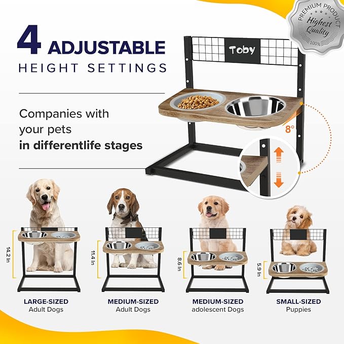 Ciconira Metal Elevated Dog Bowls with Slow Feeder & Spillproof Mat, 8°Tilted Raised Dog Bowl Stand with Two 1.3L Stainless Steel Food Water Bowls,4 Height Adjustable for Large Medium, Small Dogs