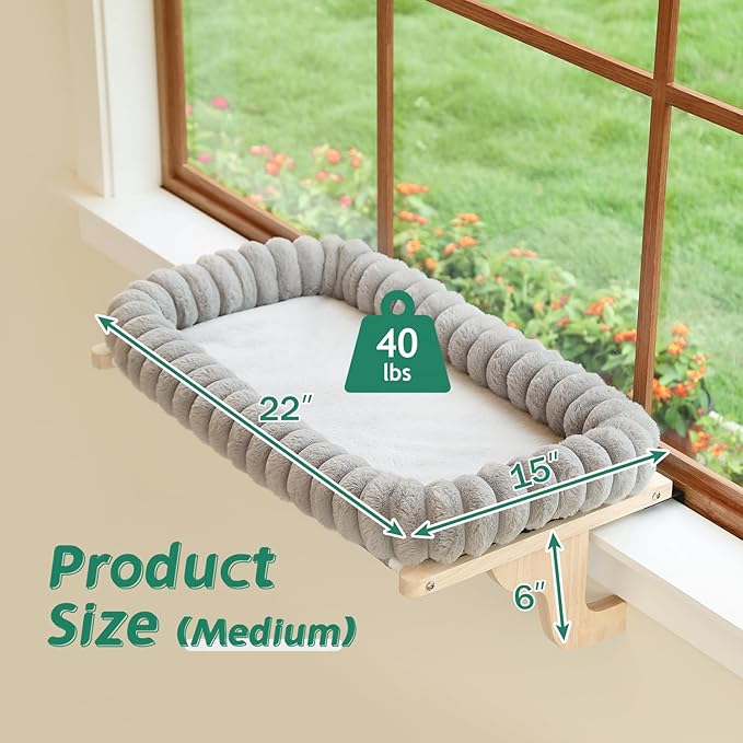 Zakkart SnugCloud Cat Perch for Window Sill with 4-Sided Bolster - Orthopedic Cat Window Hammock - Solid Hardwood & Metal Frame - Window Seat for Pets (Natural Color Wood w/Gray Bed, Medium)