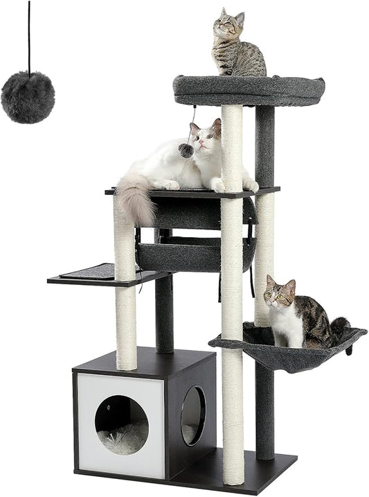 PEQULTI 51.4 Inches Modern Cat Tree Premium 6 Levels Wooden Cat Tower with Fully Sisal Covered Scratching Posts, Cozy Condo, Spacious Perch, Super Large Hammock and Swing Tunnel for Indoor Cats Gray