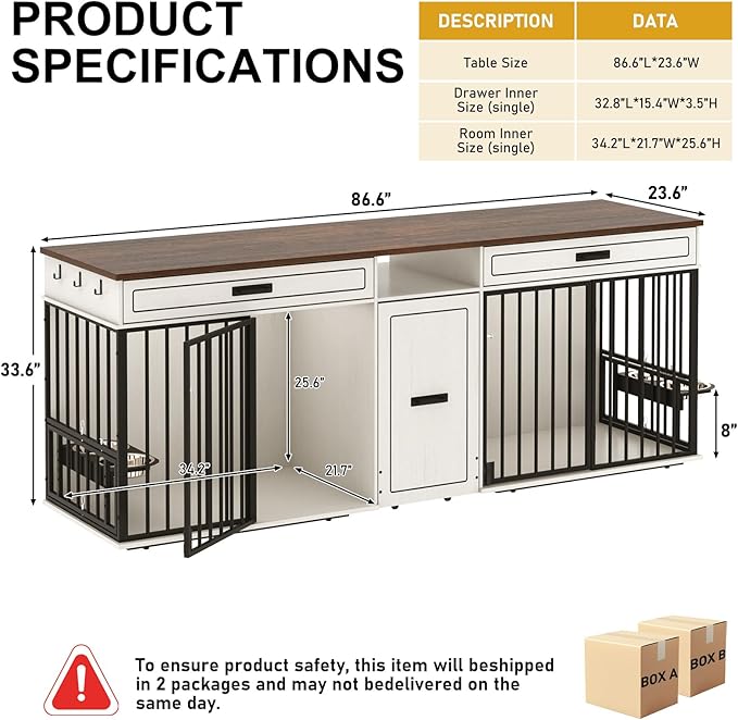 86.6" Dog Crate Furniture Large Breed TV Stand with Double Rooms, Wooden Dog Kennel Furniture with Dog Bowl, 2 Drawers and Cabinet for Large Medium Dogs, Antique White