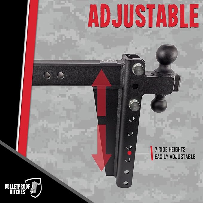 BulletProof Hitches - 2.5" Adjustable Heavy Duty Trailer Hitch (22,000 lb. Rating) - 12" Drop/Rise Trailer Hitch with 2" & 2-5/16" Dual Ball - Powder Coat, Solid Steel, Corrosion-Resistant