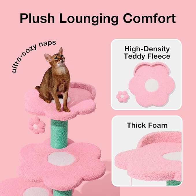 VETRESKA 39.8" Cat Tree Multi-Level Cat Tower with Platform, Sisal Scratching Posts with Hanging Blossom Toy, Indoor Cats Furniture Activity Center for Large Cats Kittens, Pink Flora