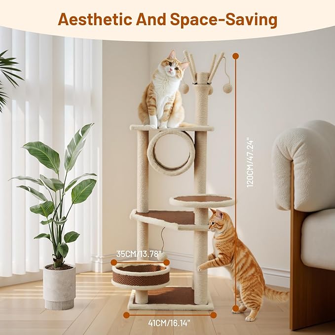 Rattan Cat Tree House with Scratching Post,Wicker Basket,Bed,and Stand Modern Cat Climbing Tower Condo for Indoor Large Adult Cat