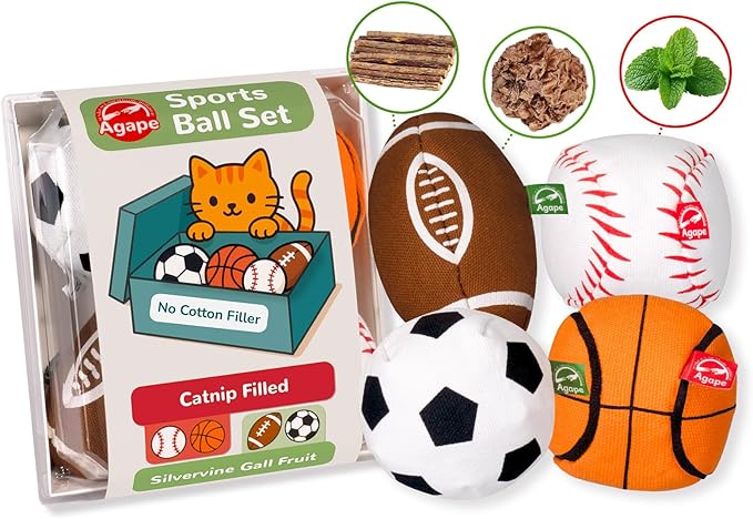 Agape 100% Catnip & Silvervine Filled Cat Toys, Interactive Chew & Kicker Balls for Indoor Cats, Enrichment and Teeth Cleaning Fun for Bored Cats and Kittens, 2 Pack Natural Crinkle Cat Toy with Sound